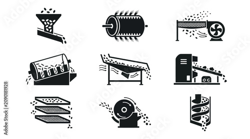 Industrial machinery and equipment icons set.