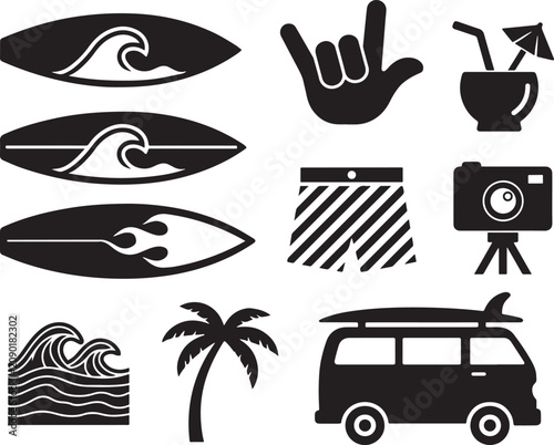 Beach vacation surfing icons with boards palm tree van and cocktails.