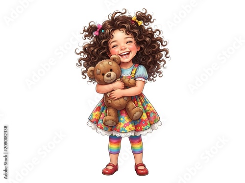 A young girl with curly brown hair happily hugs a brown teddy bear.
