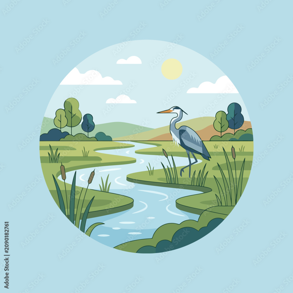 Fototapeta premium A grey heron stands by a winding river in nature