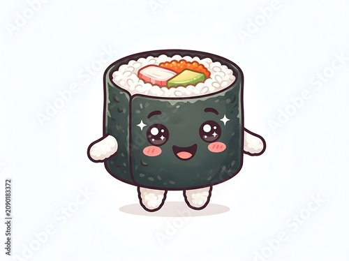 A cute sushi roll with salmon and avocado smiling happily