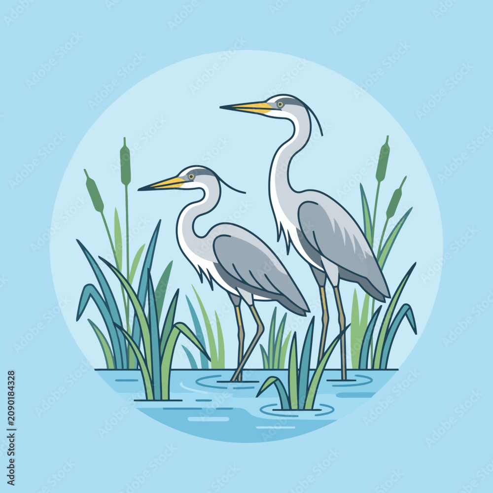 Fototapeta premium Two grey herons stand in a marshy wetland