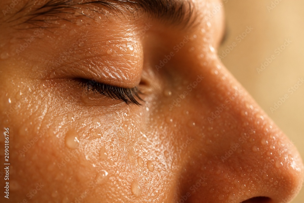 Fototapeta premium Close up human face with sweat droplets