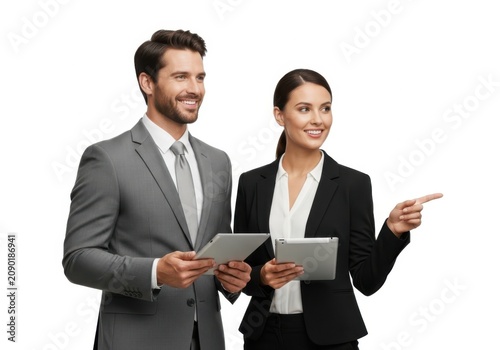 Business professionals holding tablets isolated on white background
