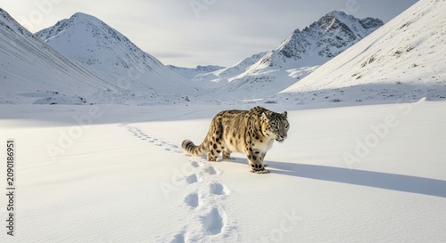 Snow Leopard Walking on Himalayan Mountain Snow With Dramatic Alpine Wildlife Landscape