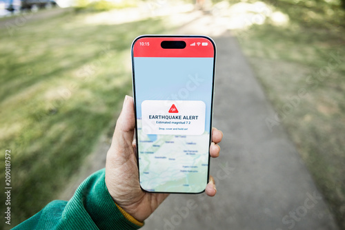 Fotografie Person using earthquake app on mobile phone for real-time emergency alert - High