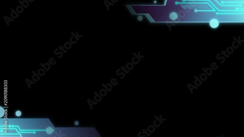 Circuit board frame glows with blue neon lines on a dark background providing a technical border for digital interface designs.