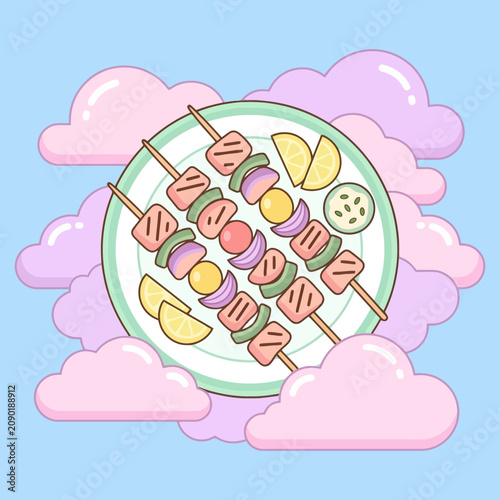 Grilled vegetable and meat skewers on a plate with pink clouds