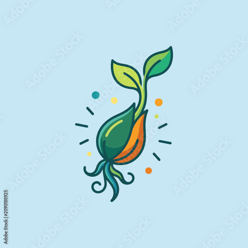 A colorful illustration of a small plant sprouting from a seed