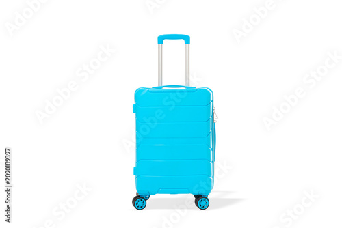 Bright blue suitcase stands tall with wheels, PNG