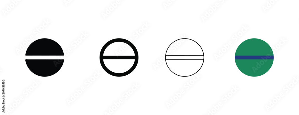 Fototapeta premium pills with horizontal lines through them in a row on white background medical drug icons