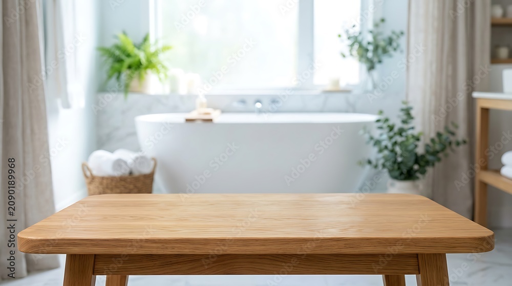 Fototapeta premium Empty wooden table in modern bathroom interior for product mockup display with blurred white bathtub and green plants.