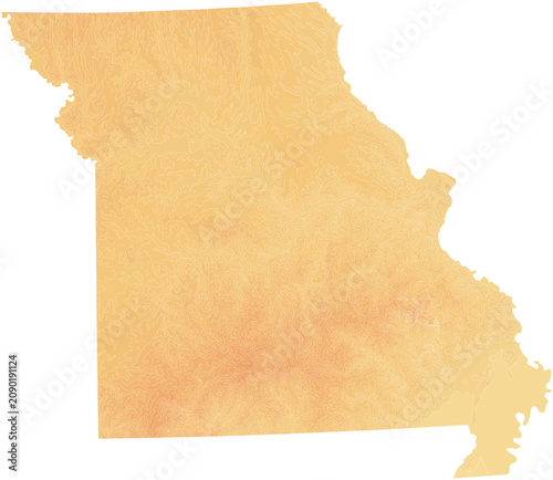 Missouri topographic elevation contour vector map (Albers equal area conic projection, PPT-compatible & fully editable)