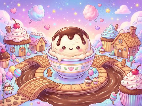 Ultra Cute Kawaii Vanilla Ice Cream Bowl in Sweet Candy Village Illustration
