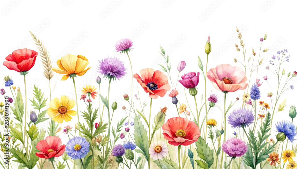 Fototapeta premium Vibrant Summer Watercolor Flower Meadow Poppy Field Wildflower Art Illustration Background Border Design Download Stock Image
