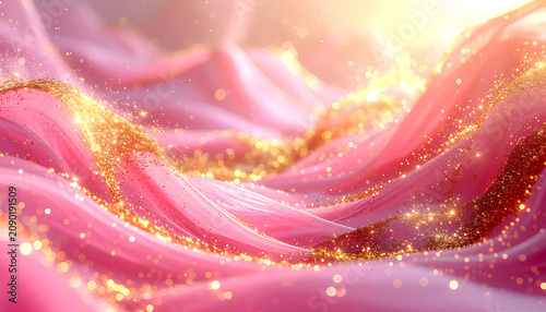 Abstract flowing pink fabric waves with sparkling gold glitter dust and bokeh highlights, luxurious soft texture background © delia