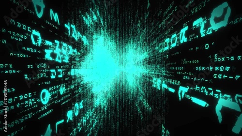 Data stream flows through a dark digital void with glowing cyan binary code and abstract light effects.