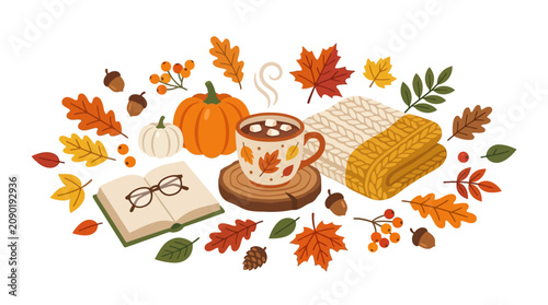 Konstfotografi Fallthemed stock photo with pumpkins, cozy elements, and autumn foliage