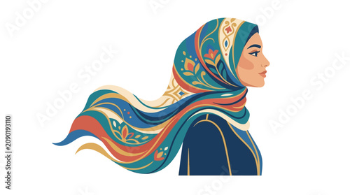 Elegant illustration of a beautiful woman in a floral hijab with intricate patterns, suitable for fashion, beauty, and artistic projects.