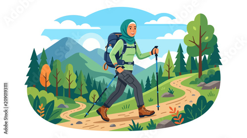 Hiker in hijab explores mountain trails through lush green forests under cloudy skies. Ideal for outdoor, adventure, diversity, and travel concepts.