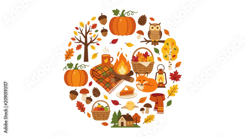 Festive autumn scene with seasonal elements perfect for fallthemed designs like cards, posters, social media posts, and decorations.