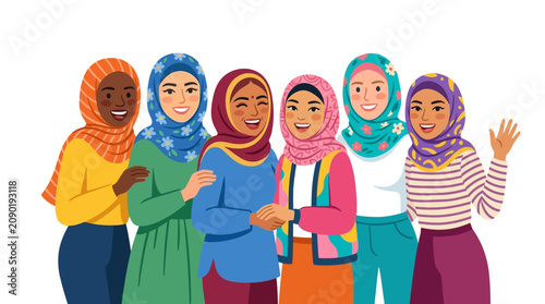 Six diverse smiling women in colorful hijabs and fashionable modest clothing, suitable for showcasing cultural diversity and fashion.