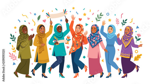 Diverse group of seven joyful women in colorful hijabs at festive celebration, perfect for multicultural events and holiday promotions.