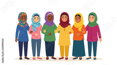 Six diverse women with colorful hijabs standing together symbolizing female unity. Ideal for promoting diversity, empowerment, feminism, and unity.