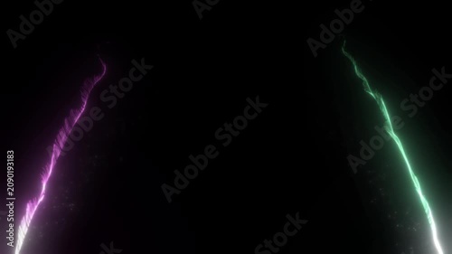 Neon light trails curve gracefully across a pitch black background to create a sense of dynamic movement and energy.