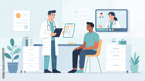Flat vector illustration of a doctor showing medical chart to a male patient in an office, featuring an online consultation screen for telehealth service.