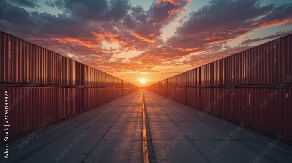 Fototapeta premium Sunset shipping container corridor with dramatic sky and warm light