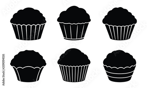 Foto Set of black silhouettes of different cupcakes isolated on white background