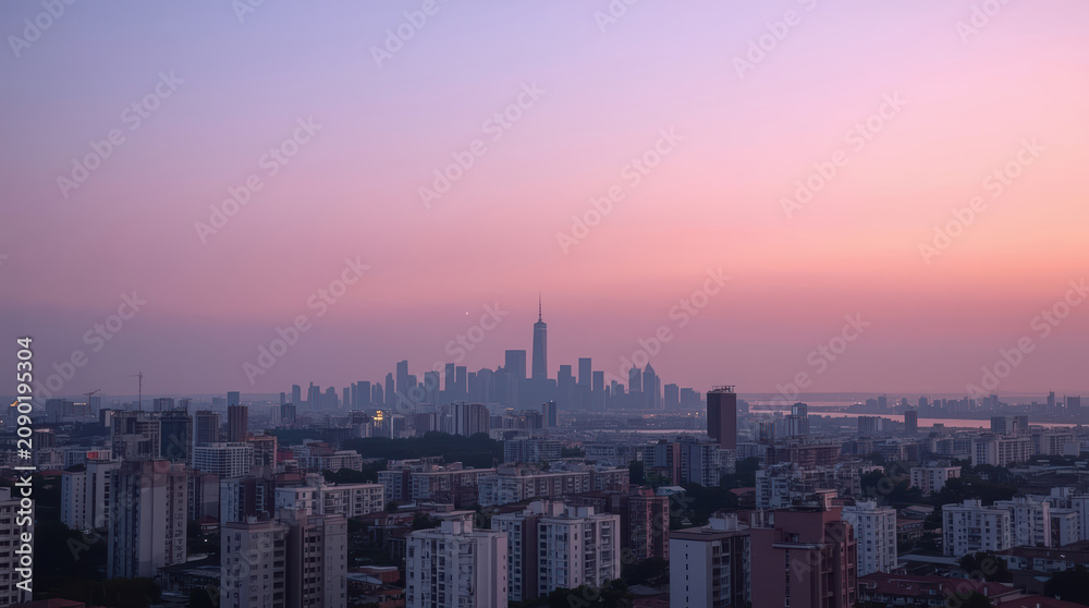 Fototapeta premium Dense urban skyline at civil twilight with pastel pink sky and distant highrise silhouette