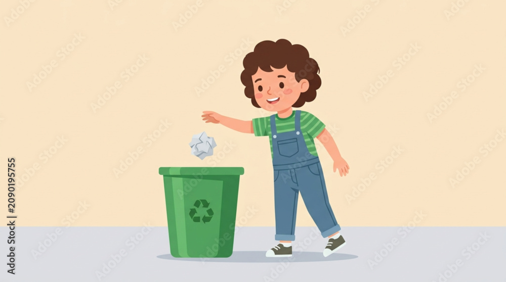 Naklejka premium Cartoon Boy Putting Waste in Recycling Container for Eco Awareness Concept