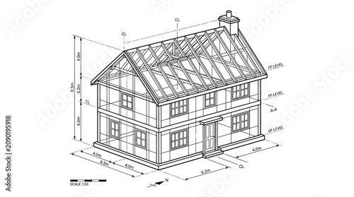 Photos Architectural Drawing of a Timber Frame House with Dimensions