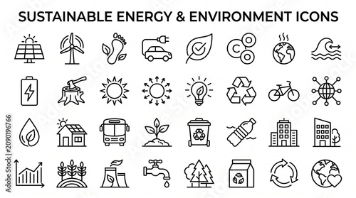 Comprehensive Collection of Green Energy and Environmental Sustainability Line Icons for Eco-Friendly Design