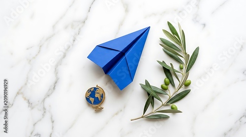 Blue paper plane with globe and olive branch on marble