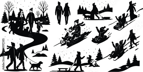 Bild auf Leinwand People enjoying winter sledding and snow activities