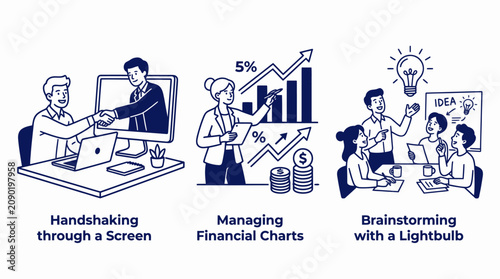 Remote work handshaking and financial data analysis doodles.