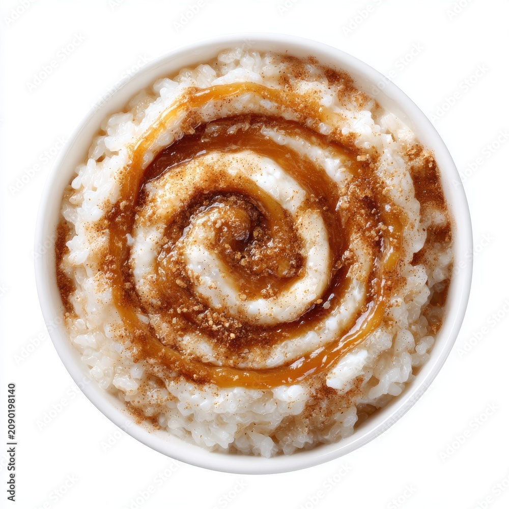 Fototapeta premium Rice dessert with caramel swirl and cinnamon powder isolated on a white background