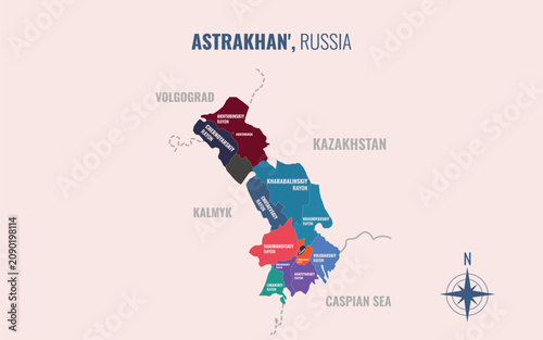 Obraz na plátně Astrakhan Russia Federal into Raion in a minimalist colorful style map showing