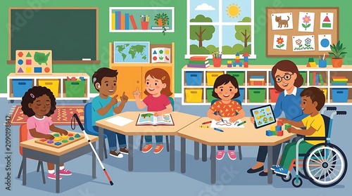 Inclusive education classroom with diverse children and teacher