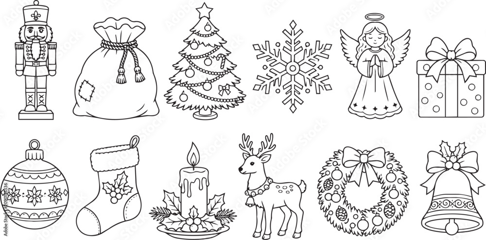 Obraz premium Christmas icon set with black and white line art illustrations