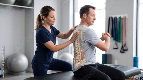 Physical Therapist Treating Lumbar Spine Pain with Anatomy Overlay
