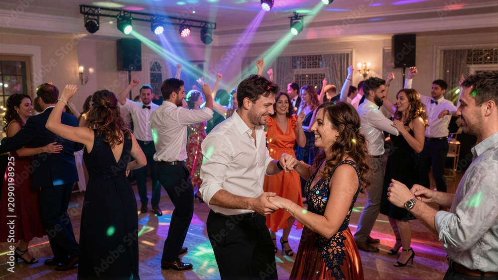 Fototapeta premium People dance joyfully under colorful lights at a lively wedding reception.