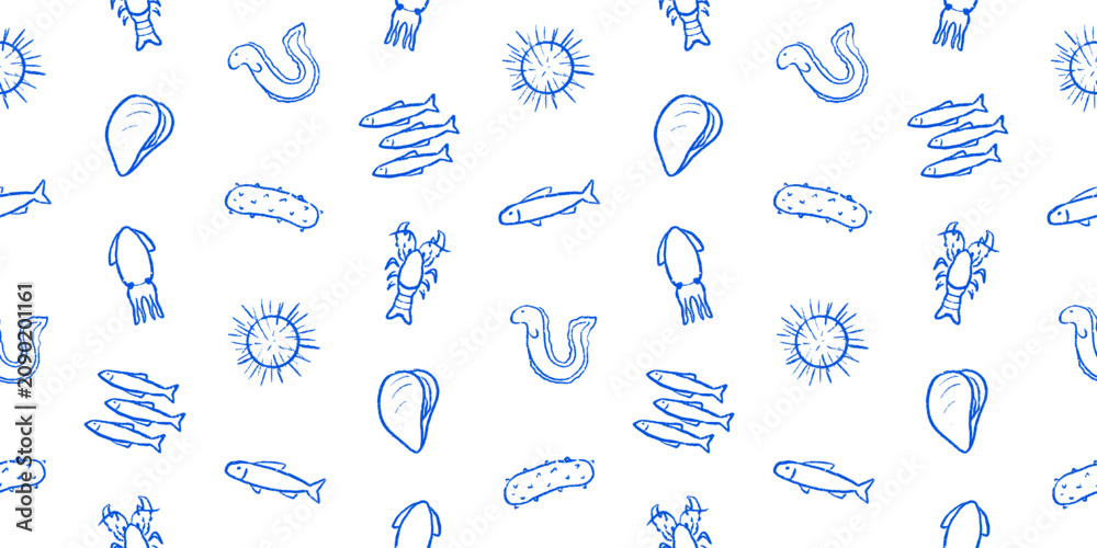 Фотография Seafood seamless pattern, doodle ocean creatures fish squid shellfish lobster ur