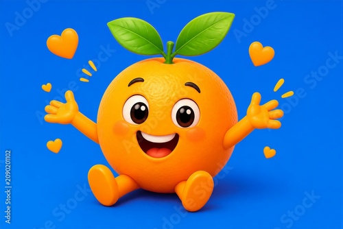 A cheerful orange character sits with arms spread wide on a blue background. It has a smiling face, green leaves, and hearts around it, showing joy and friendliness.