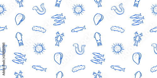 Photography Seafood seamless pattern, doodle ocean creatures fish squid shellfish lobster ur
