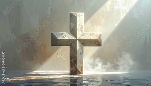 A large stone cross standing in water with a beam of light shining on it.