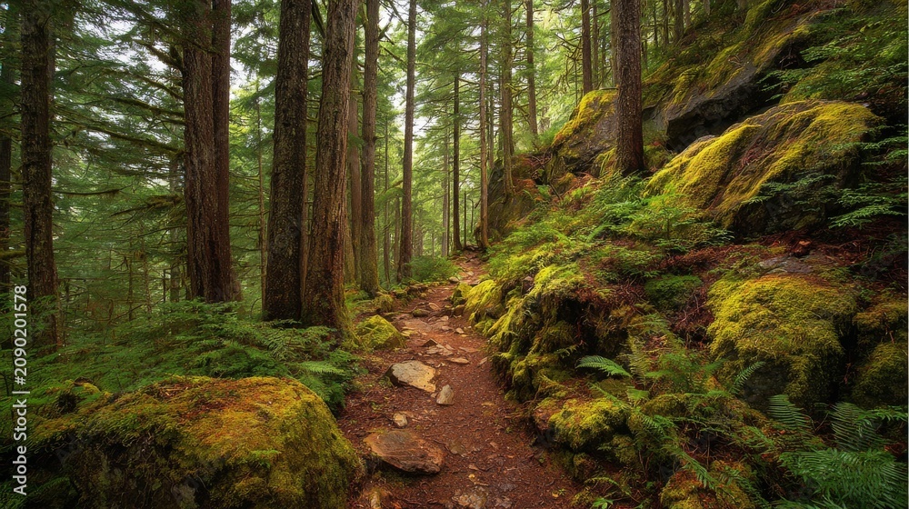 Fototapeta premium Pacific northwest forest trail winding through lush evergreen woodland with dense trees, moss covered path, serene natural landscape, scenic hiking destination, wilderness adventure, outdoor travel, a